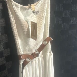 MICHAEL Michael Kors White Strapless Smocked Maxi Dress with Brown Belt
